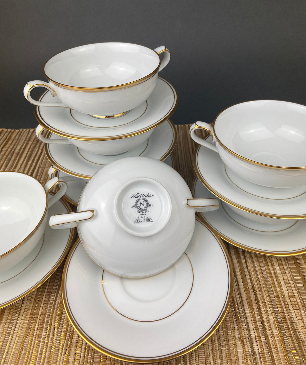 Noritake Allison Gold Band Soup Bowls & Saucers, Set of 7