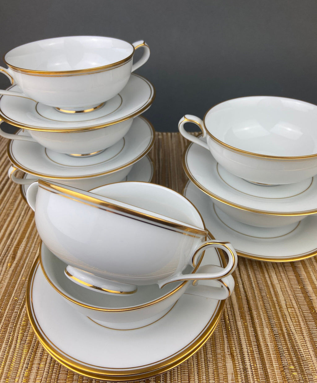 Noritake Allison Gold Band Soup Bowls & Saucers, Set of 7