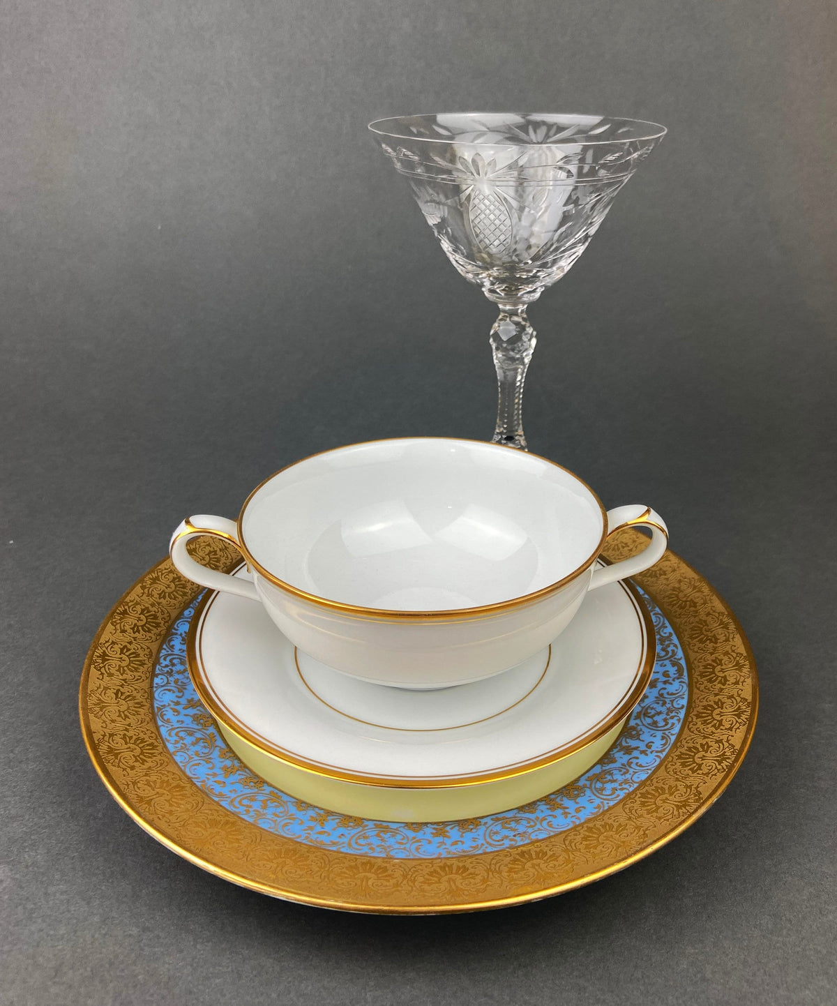 Noritake Allison Gold Band Soup Bowls & Saucers, Set of 7