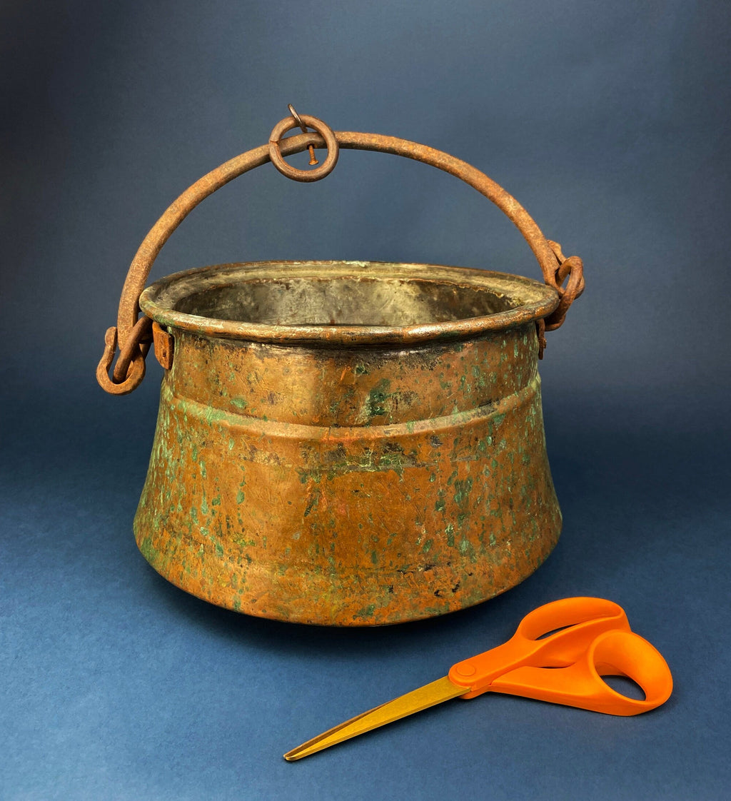 Vintage Hand-Hammered Copper Cauldron with Iron Handle
