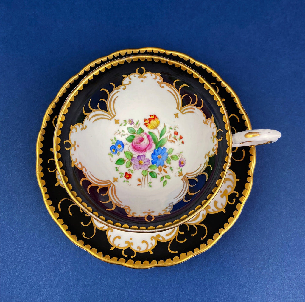 Tuscan Black, White & Gold Floral Cup & Saucer