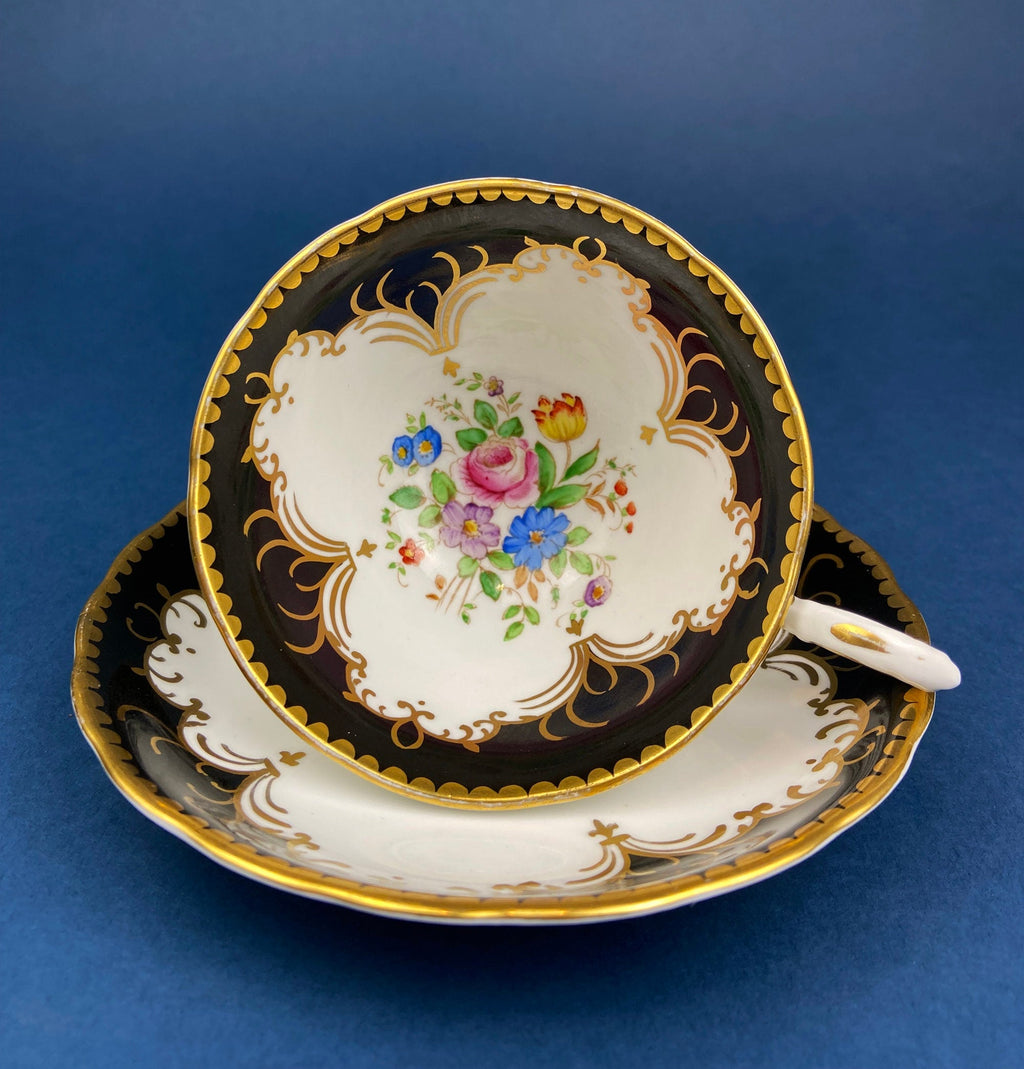 Tuscan Black, White & Gold Floral Cup & Saucer