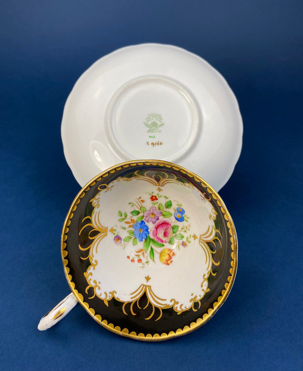 Tuscan Black, White & Gold Floral Cup & Saucer