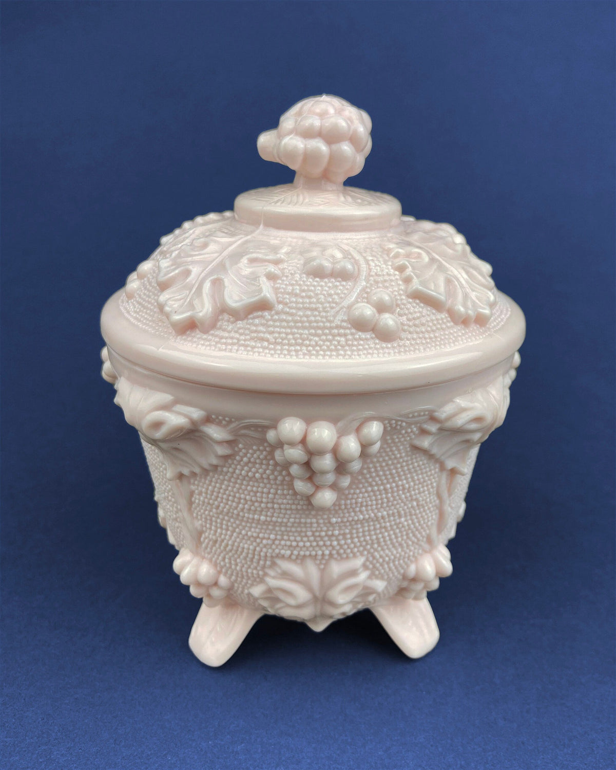 Pink Milk Glass Grapevine Covered Candy Dish