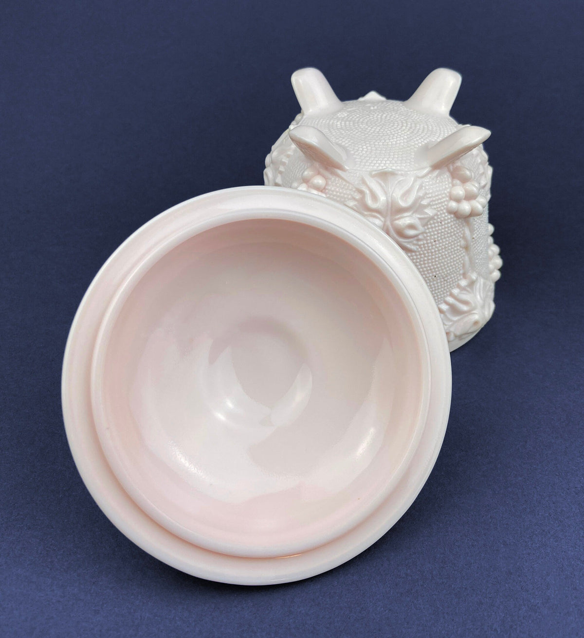 Pink Milk Glass Grapevine Covered Candy Dish
