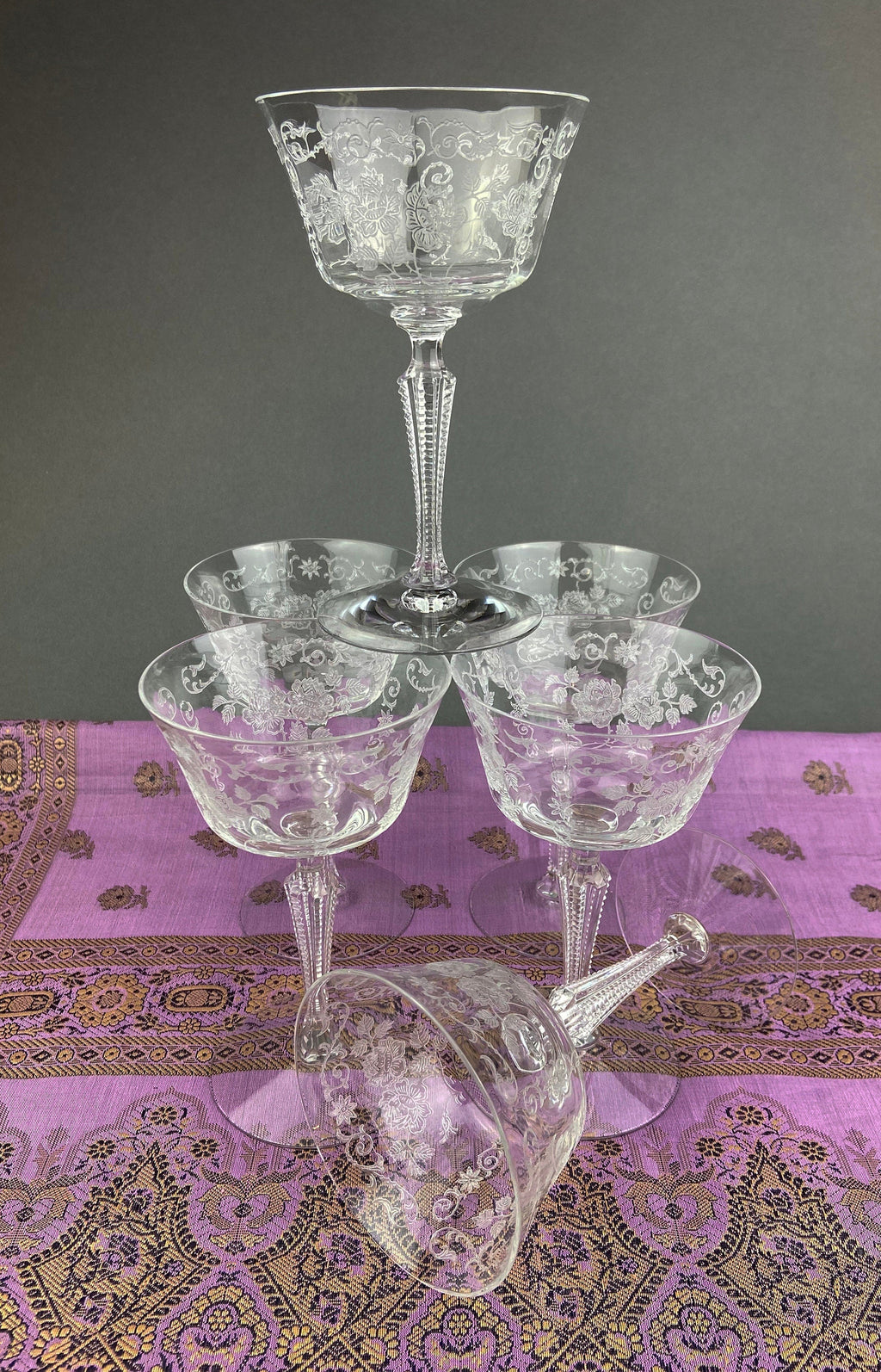 Fostoria Midnight Rose Etched Sherbet Glasses, Set of 6