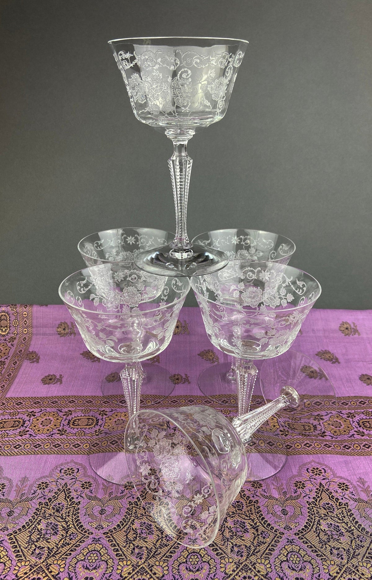 Fostoria Midnight Rose Etched Sherbet Glasses, Set of 6