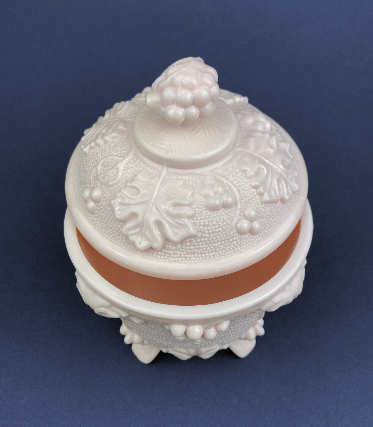 Pink Milk Glass Grapevine Covered Candy Dish