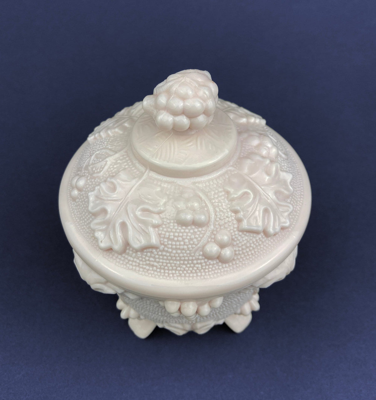 Pink Milk Glass Grapevine Covered Candy Dish