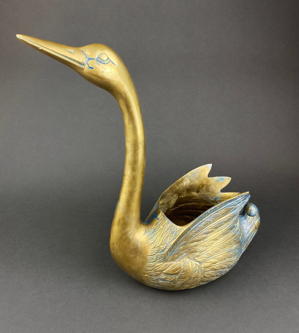Brass Swan Planter with Blue Patina