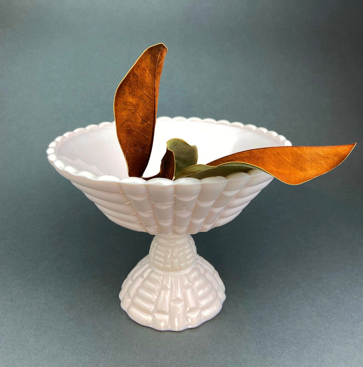 Shell Pink Milk Glass Quilted Footed Fruit Bowl