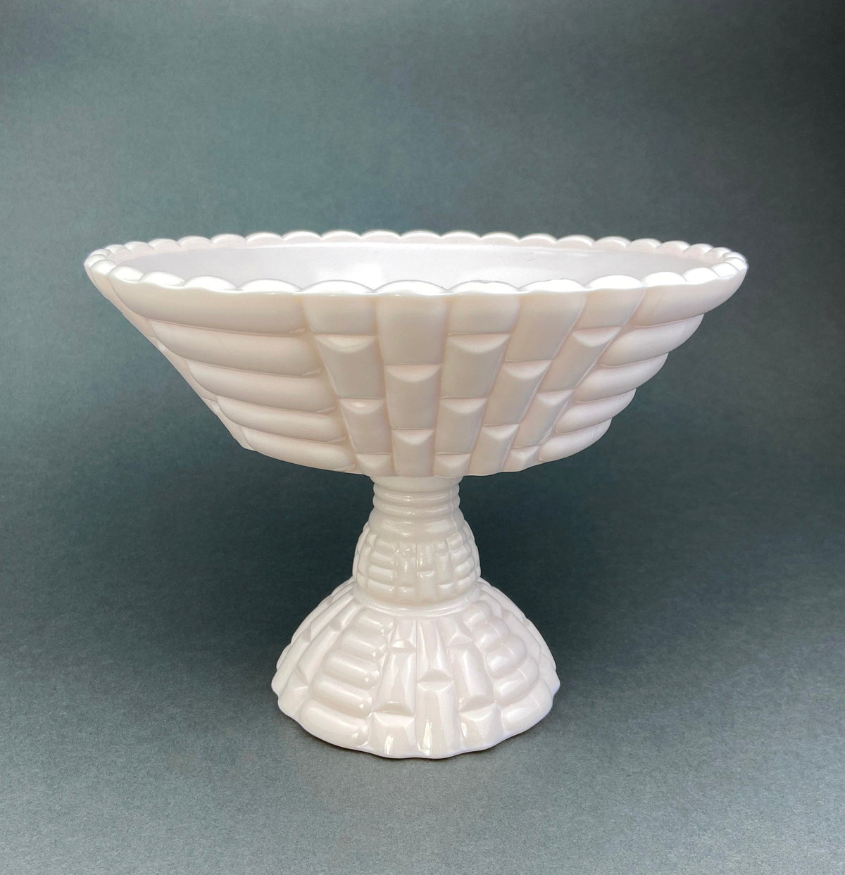 Shell Pink Milk Glass Quilted Footed Fruit Bowl