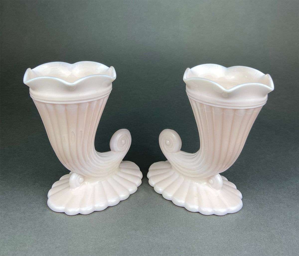 Shell Pink Milk Glass Cornucopia Vases, Pair