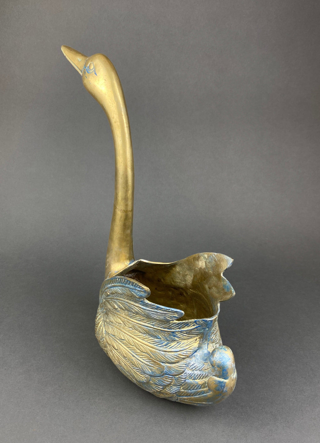 Brass Swan Planter with Blue Patina