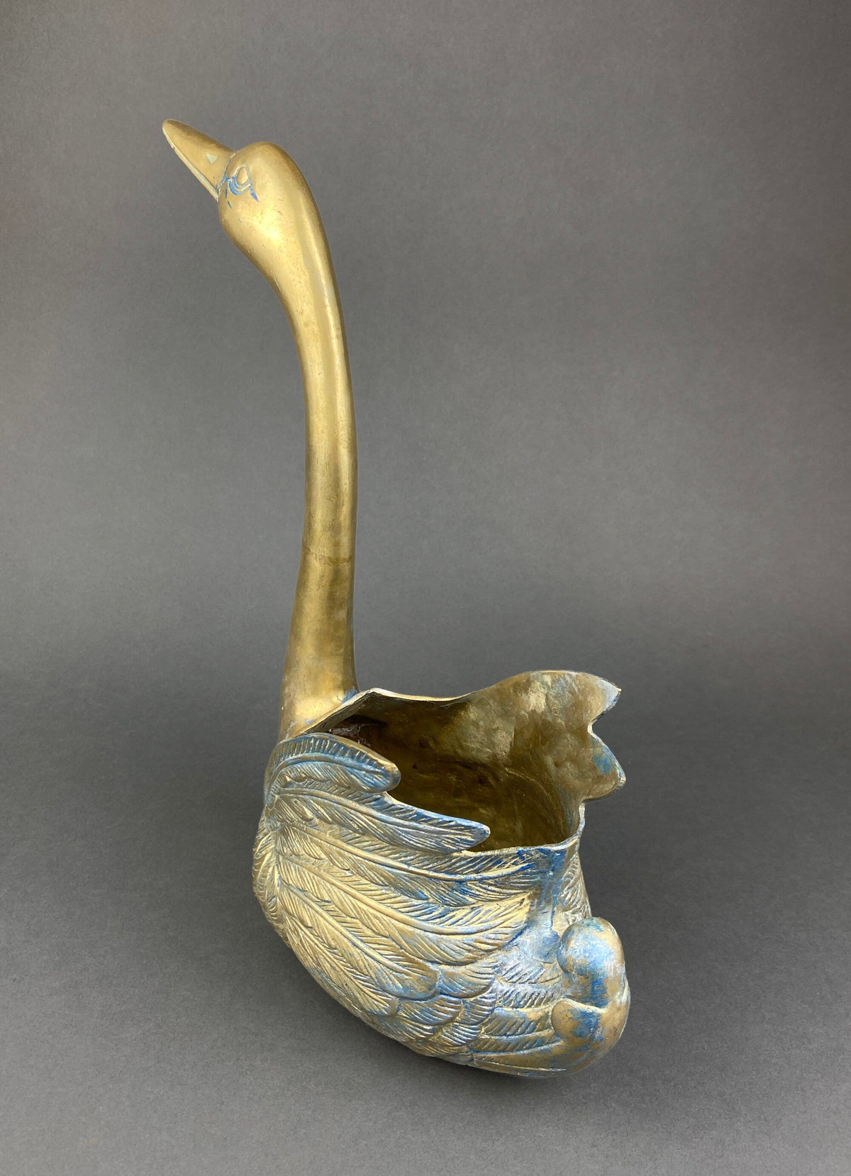Brass Swan Planter with Blue Patina