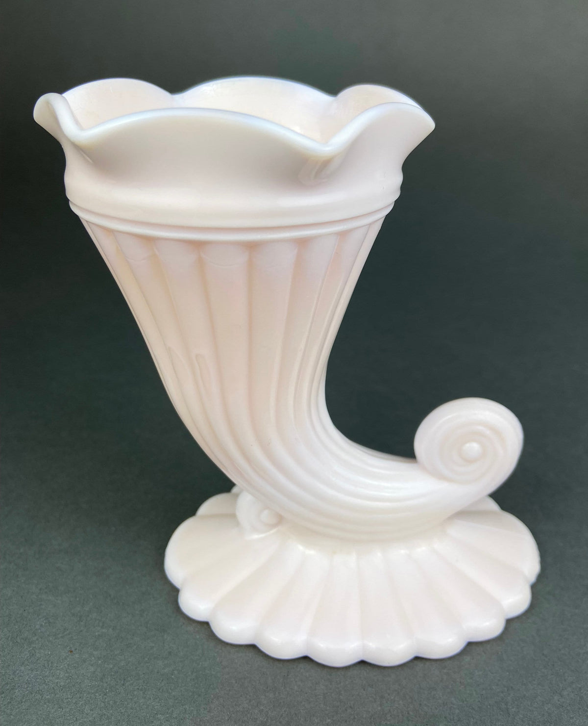 Shell Pink Milk Glass Cornucopia Vases, Pair