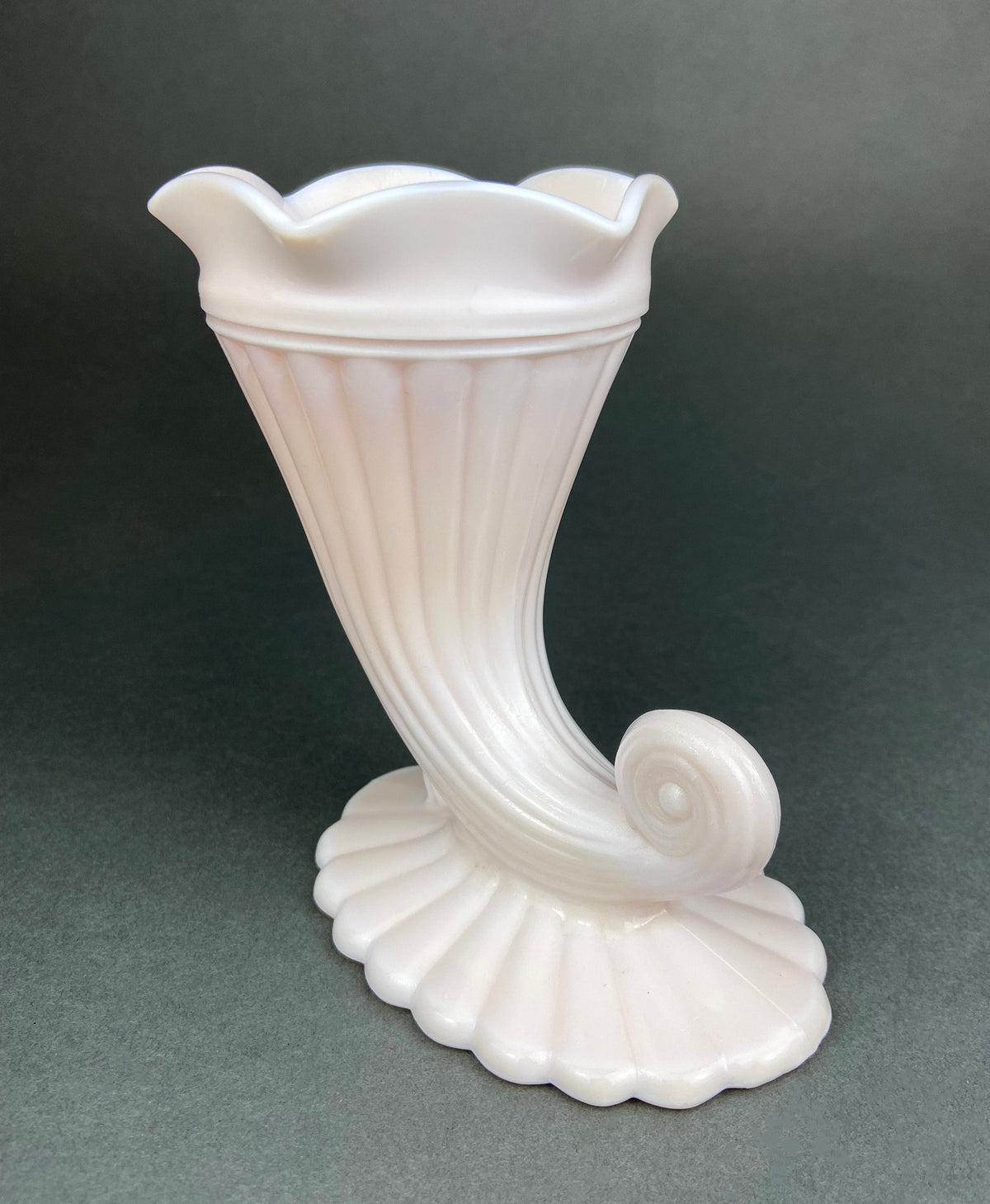Shell Pink Milk Glass Cornucopia Vases, Pair