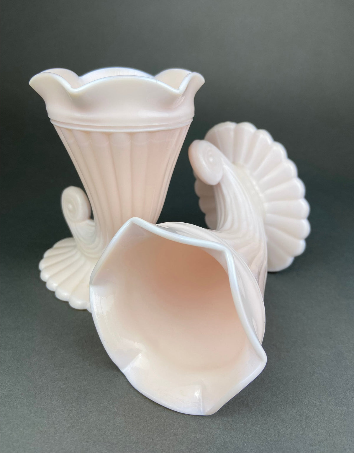 Shell Pink Milk Glass Cornucopia Vases, Pair