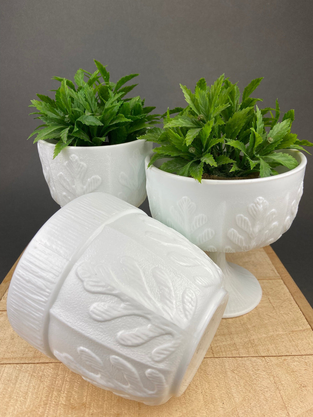 F.T.D. 1975 Milk Glass Oak Leaf Planters, Set of 3