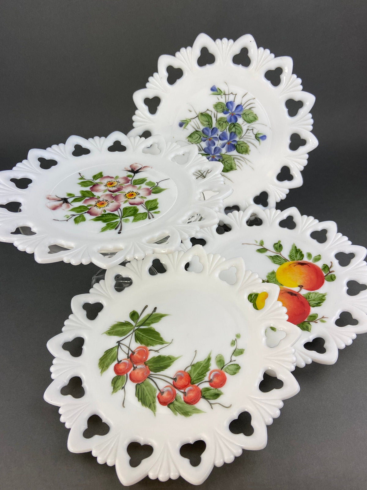 Westmoreland Hand-Painted Milk Glass Plates, Set of 4