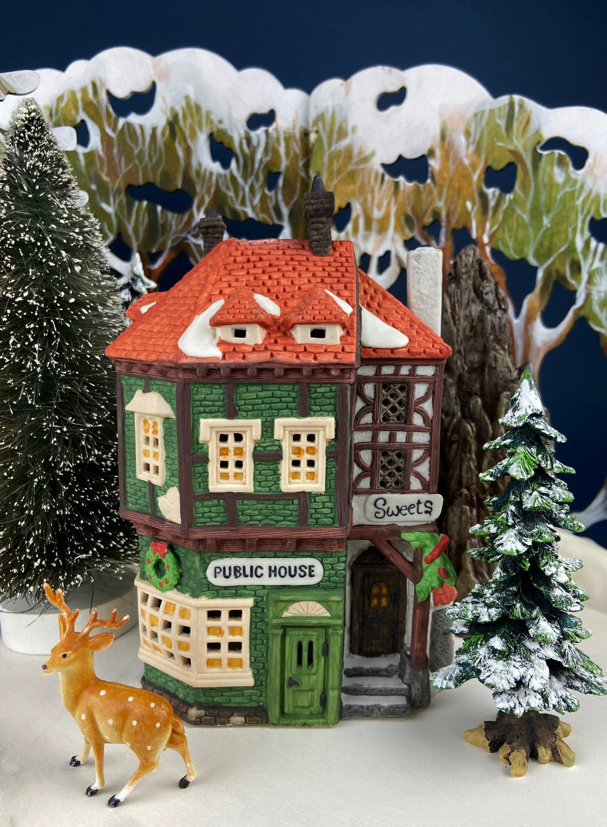 Lighted Porcelain Red Victorian with Green Roof