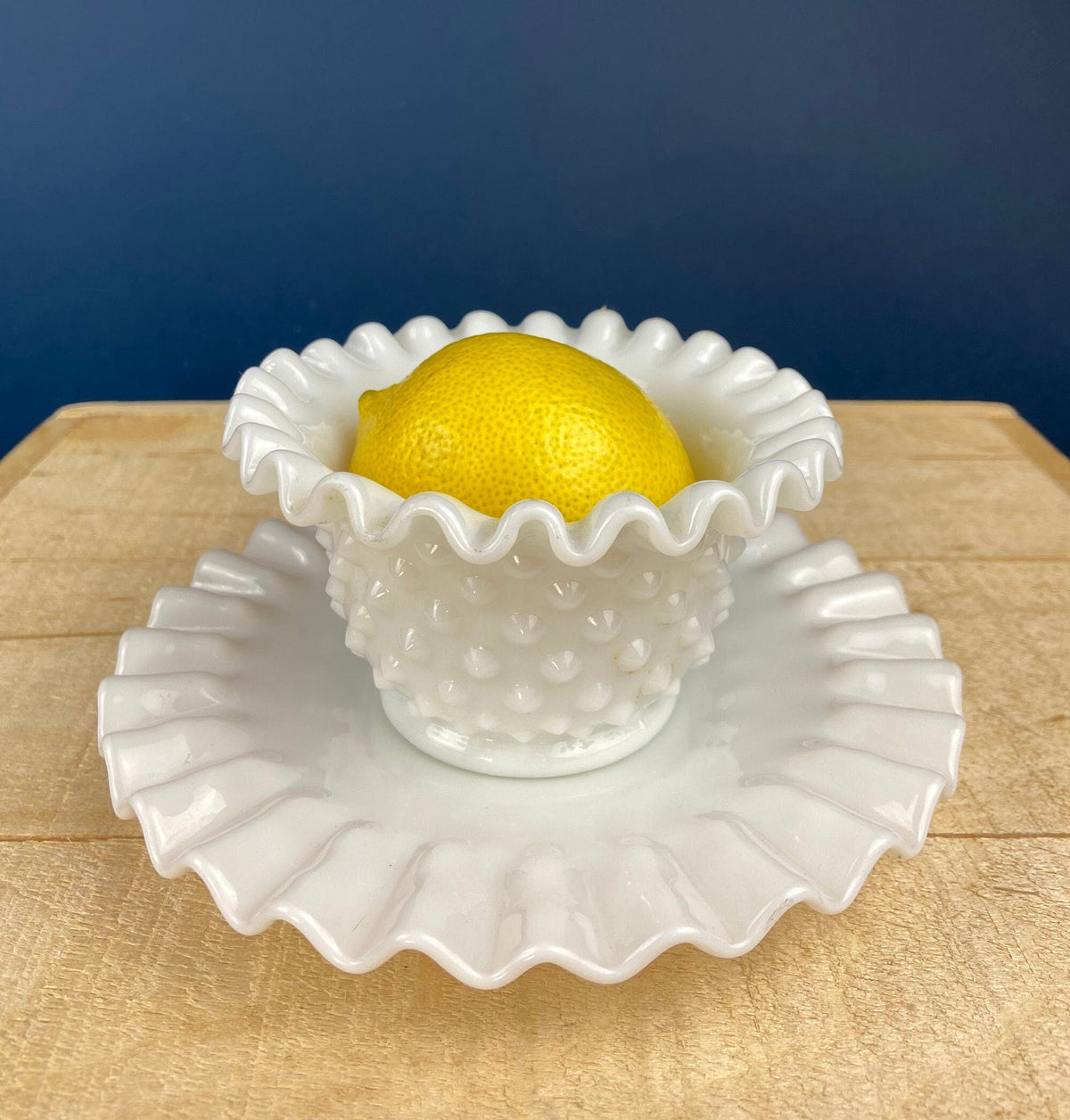 Hobnail Milk Glass Dip Bowl with Plate