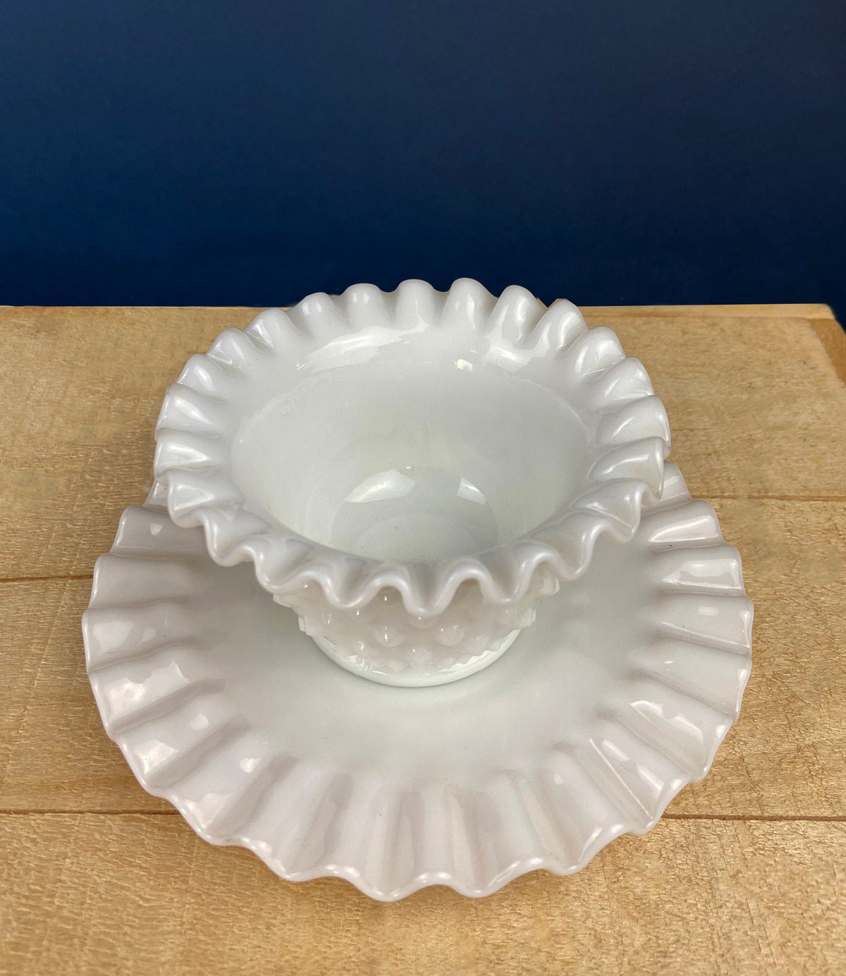 Hobnail Milk Glass Dip Bowl with Plate