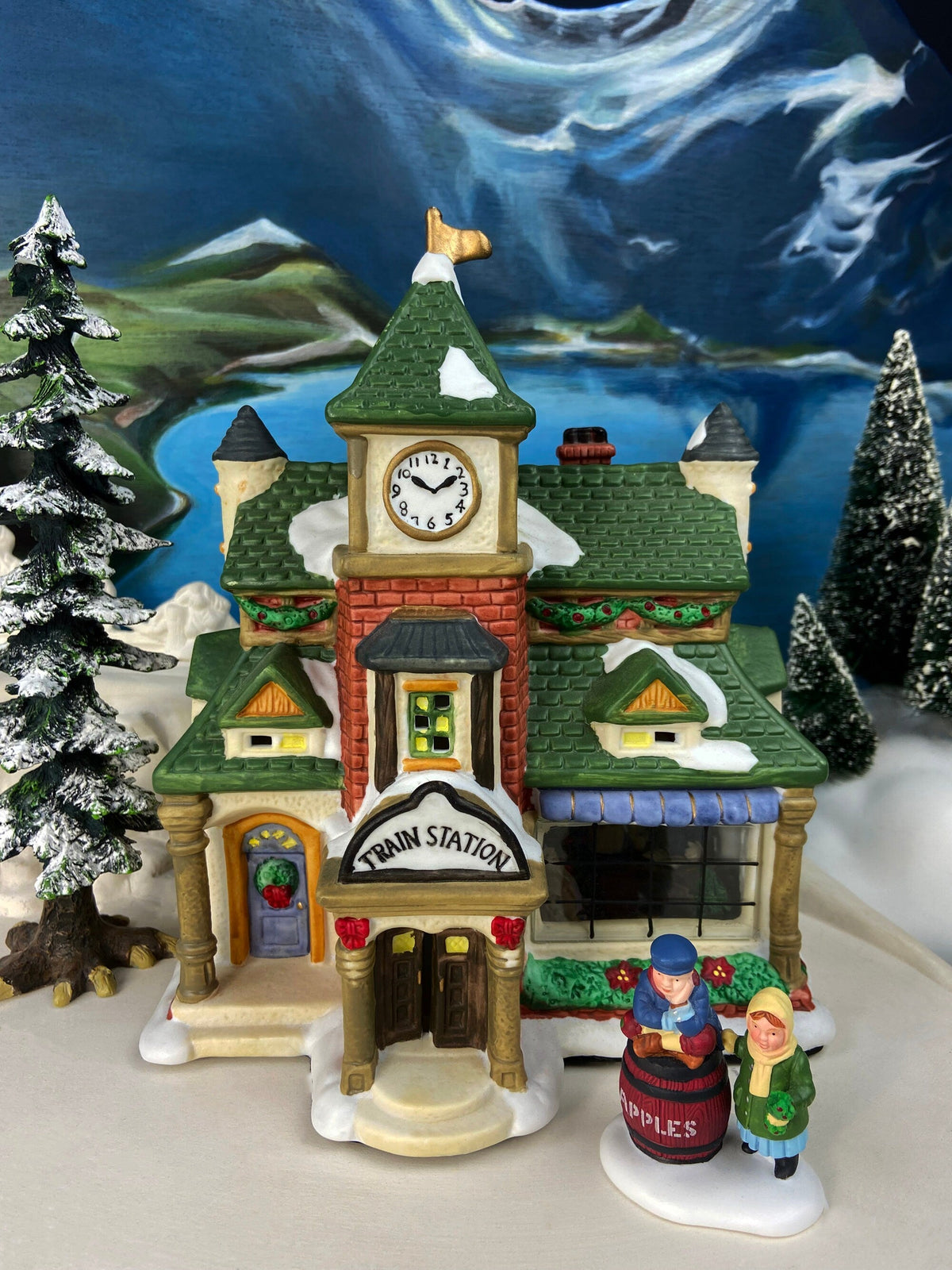 Lighted Porcelain Train Station with Clock Tower