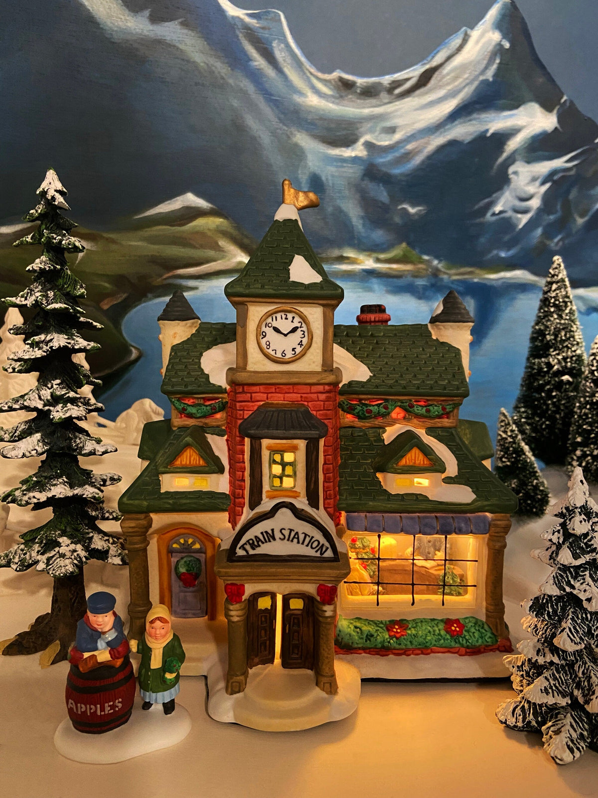 Lighted Porcelain Train Station with Clock Tower