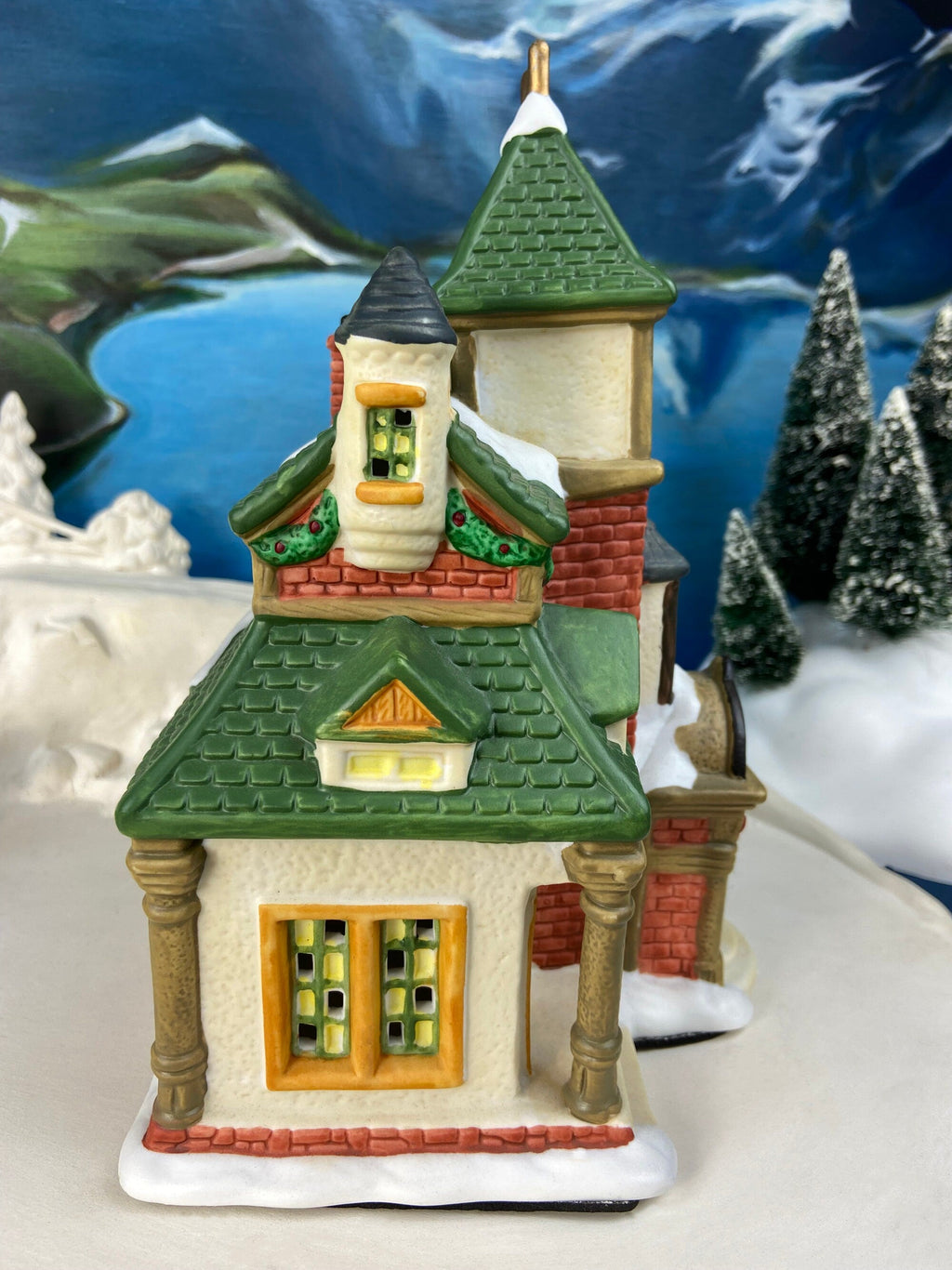 Lighted Porcelain Train Station with Clock Tower
