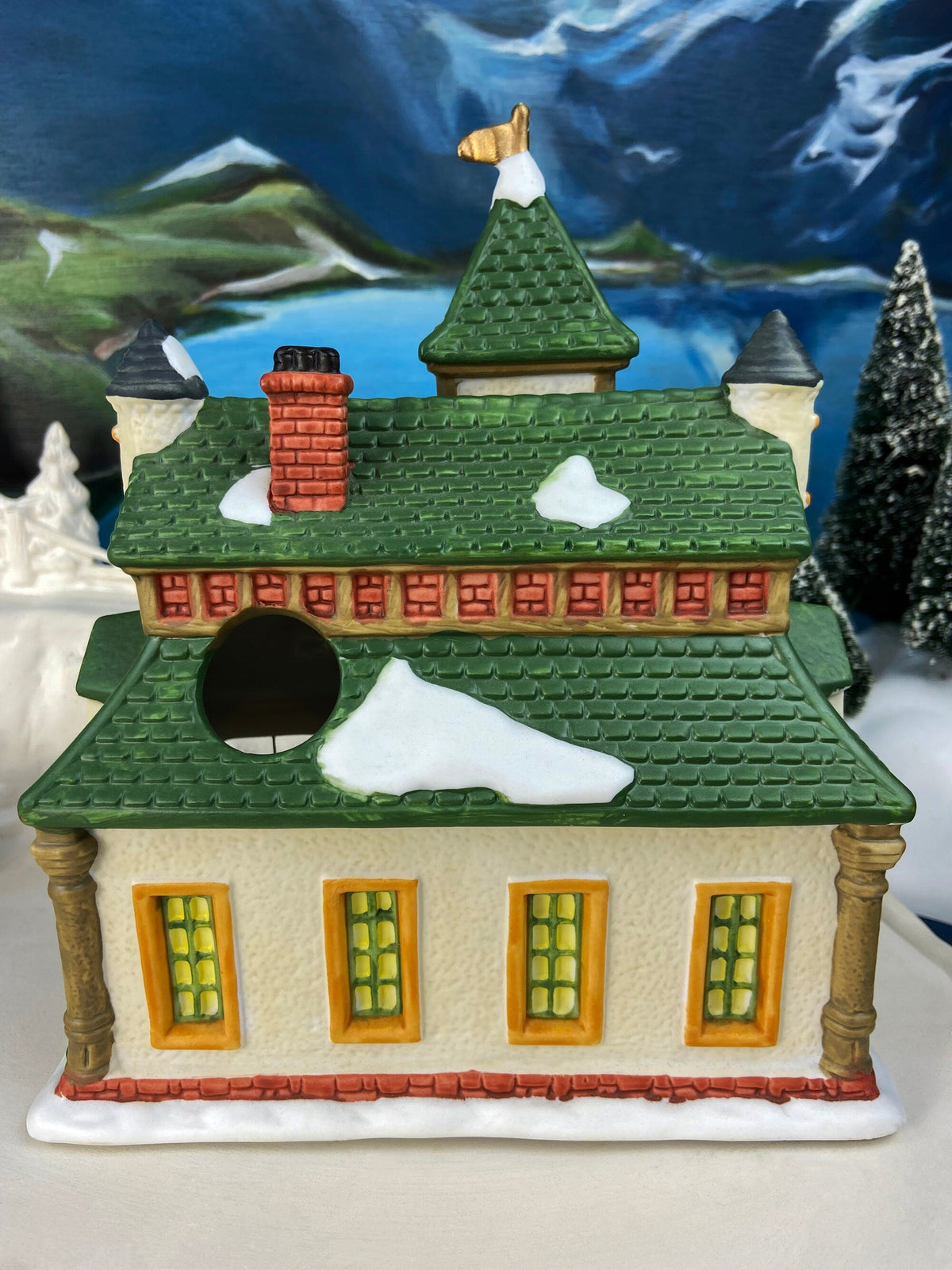Lighted Porcelain Train Station with Clock Tower