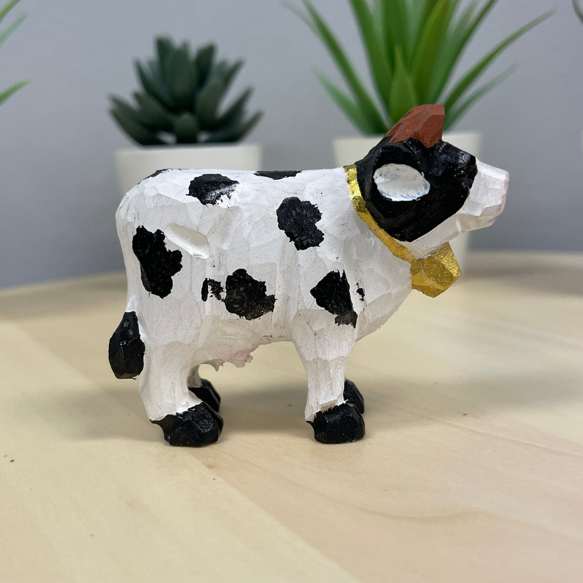 YEEYAYA Cow 3” Wood sculpture Hand Carved Wood Figurine Christmas gift Wood Statue Room Decor home Decor Farm animals Zoo animals