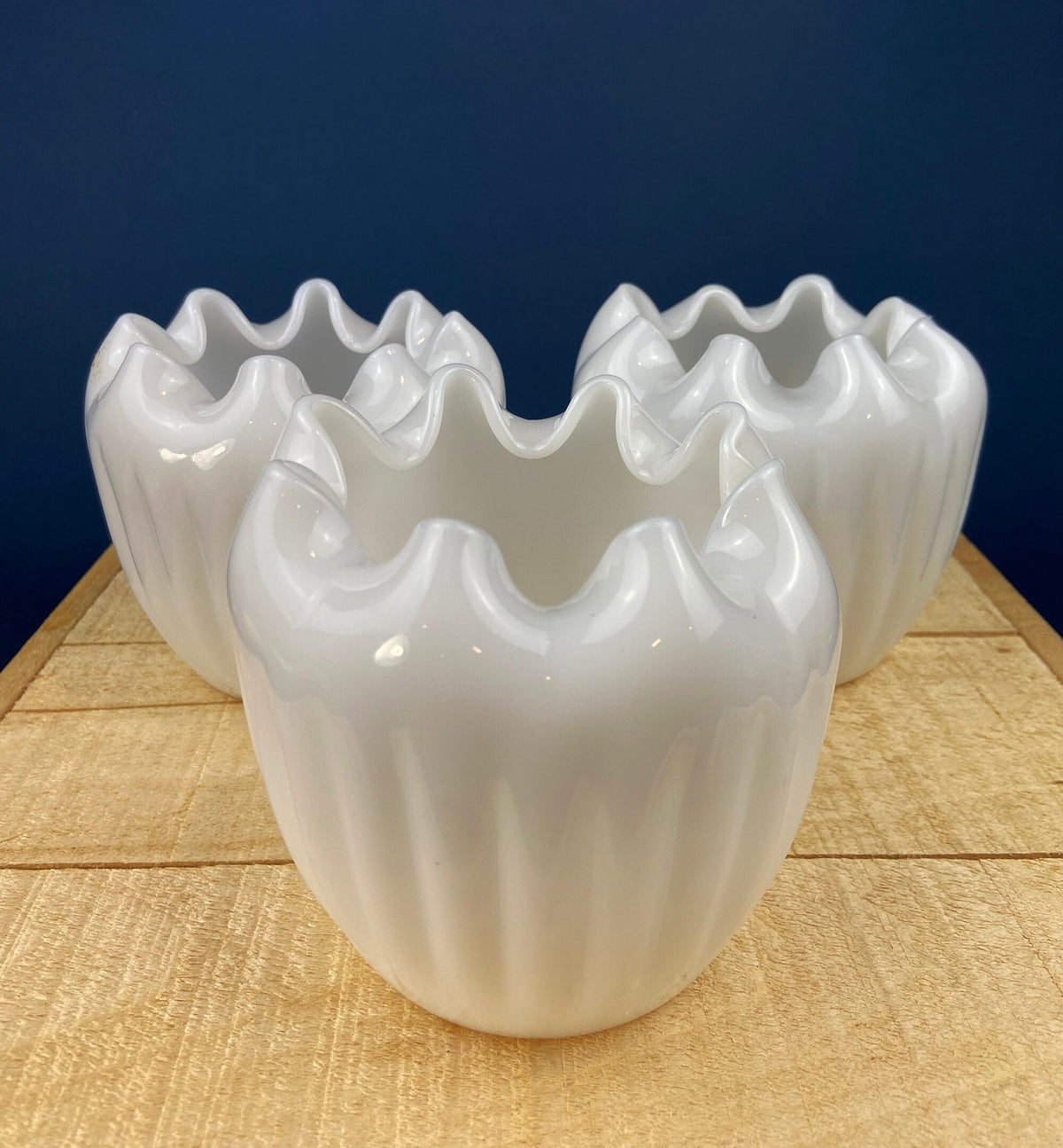 Ribbed Milk Glass Planter with Pinched Rim