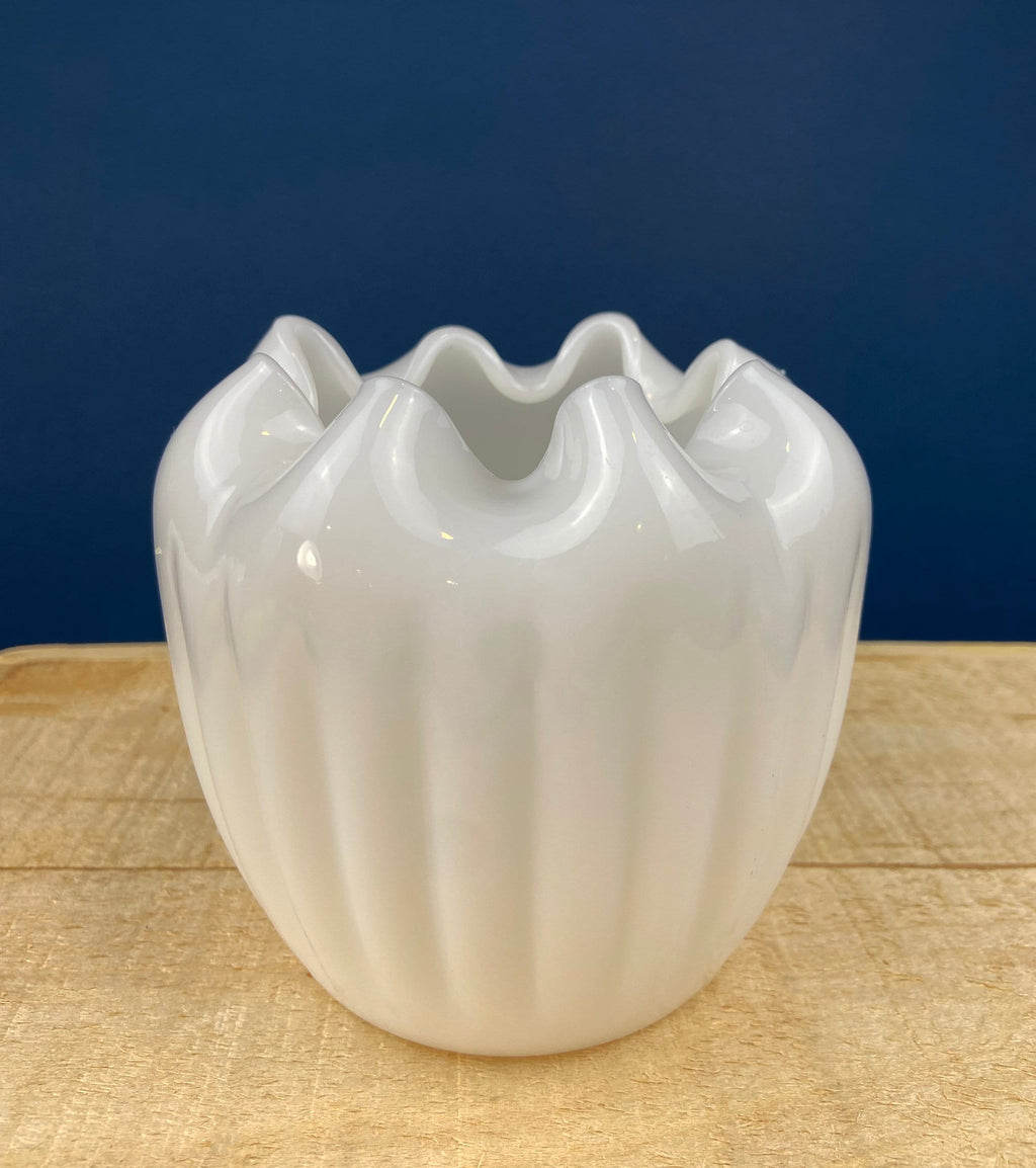 Ribbed Milk Glass Planter with Pinched Rim