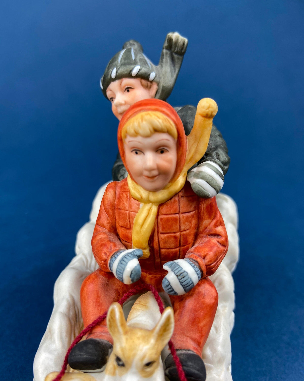 Downhill Racer Kids & Dog on Sled Figurine