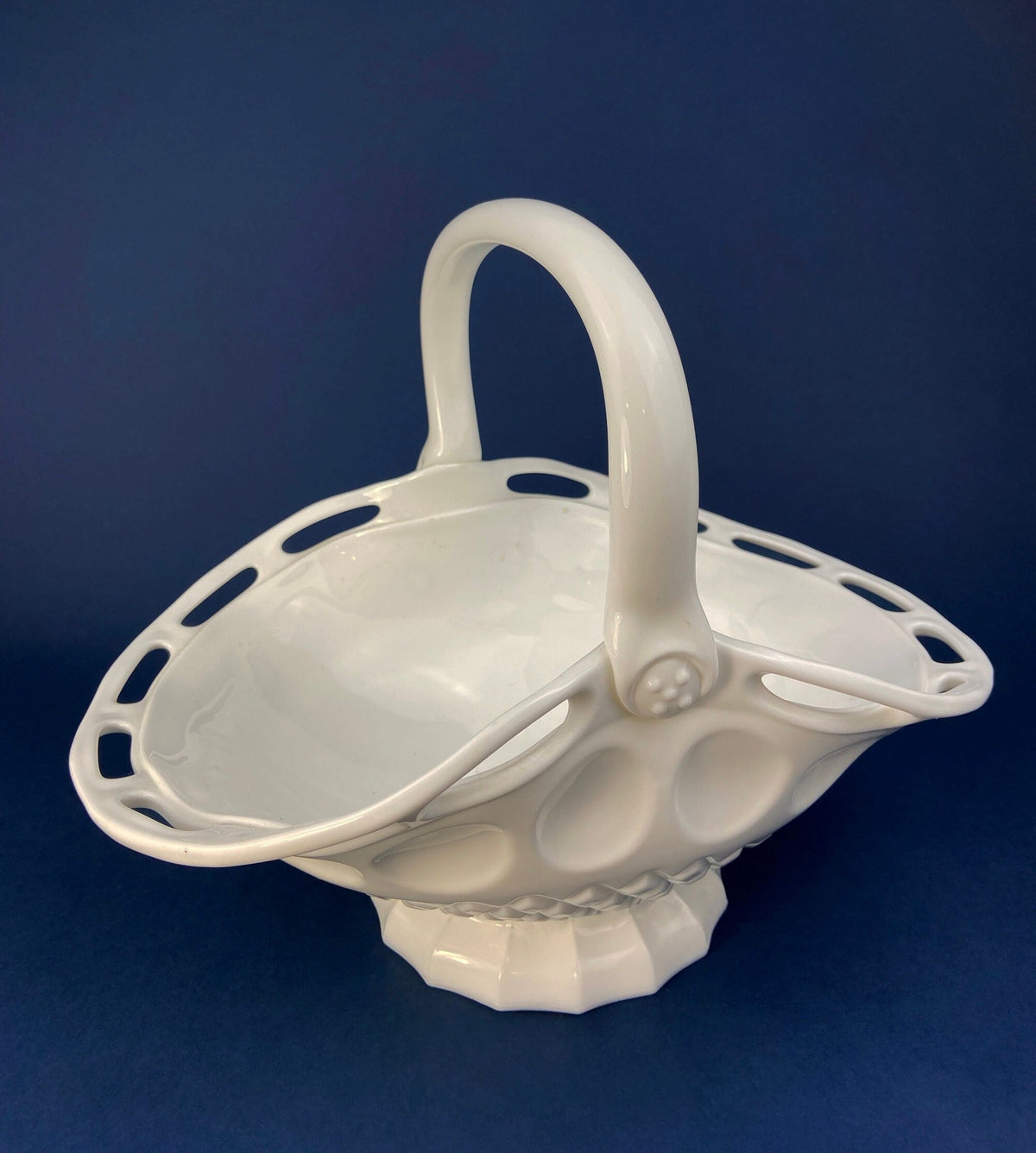 Milk Glass Pinched Basket with Waffle Pattern, Large