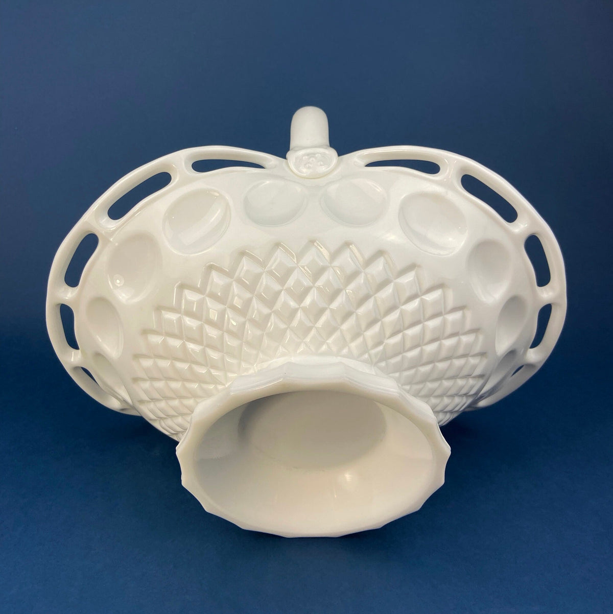Milk Glass Pinched Basket with Waffle Pattern, Large