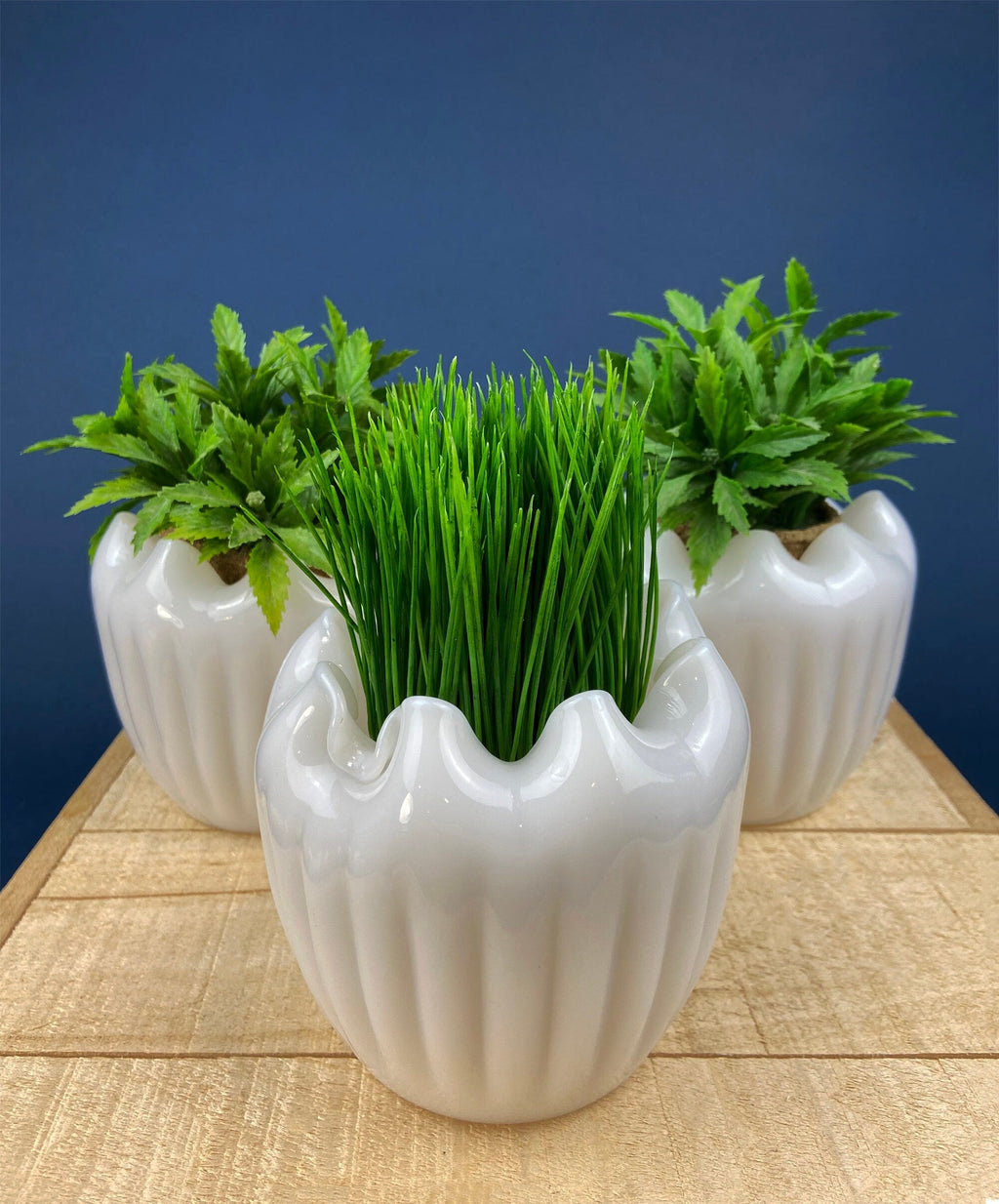 Ribbed Milk Glass Planter with Pinched Rim
