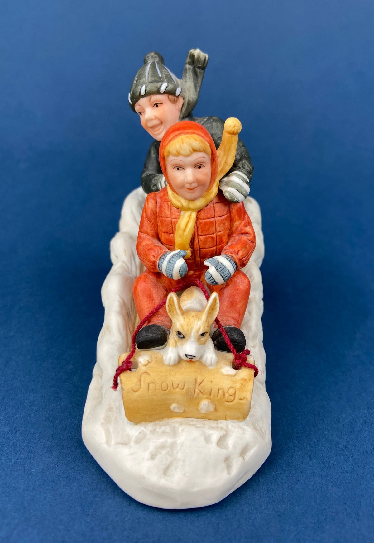 Downhill Racer Kids & Dog on Sled Figurine