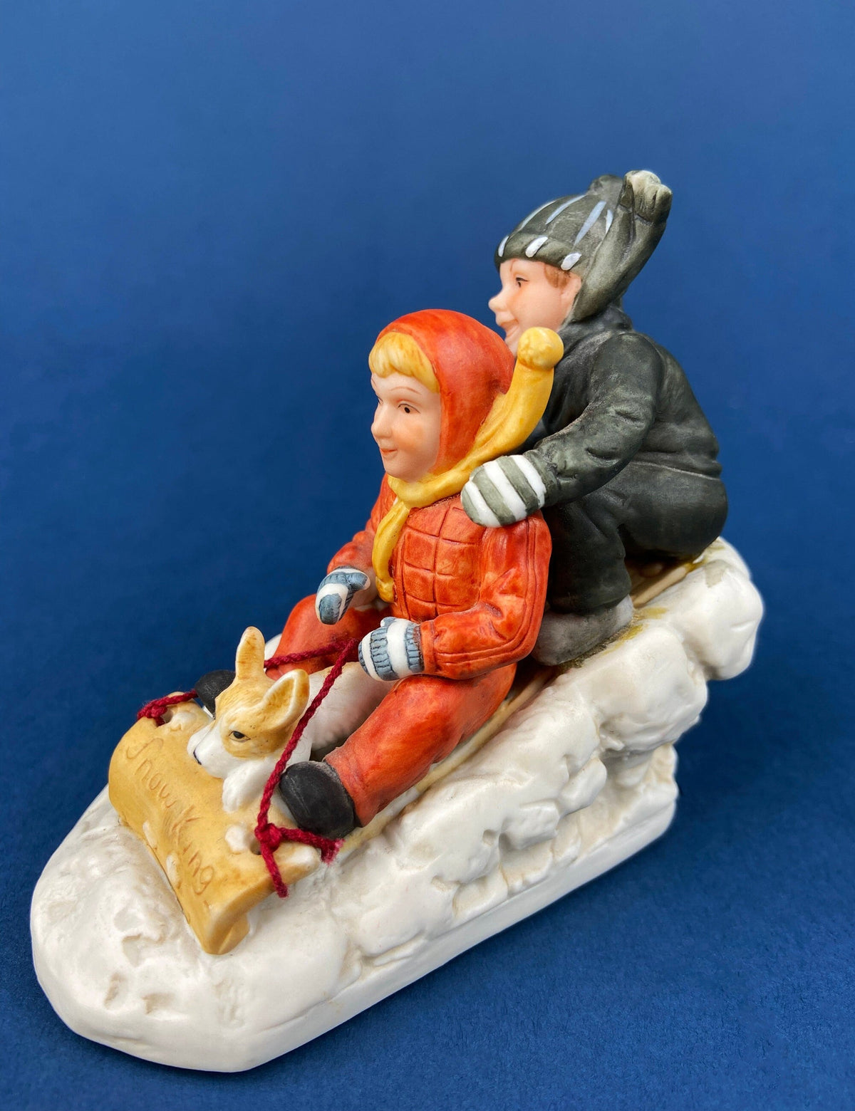 Downhill Racer Kids & Dog on Sled Figurine