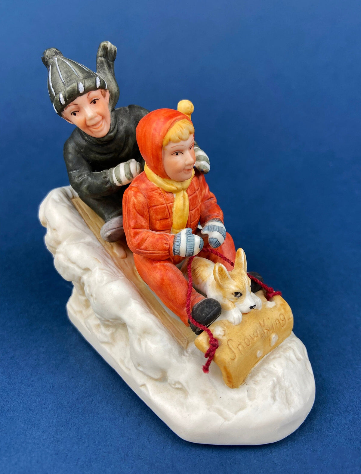 Downhill Racer Kids & Dog on Sled Figurine