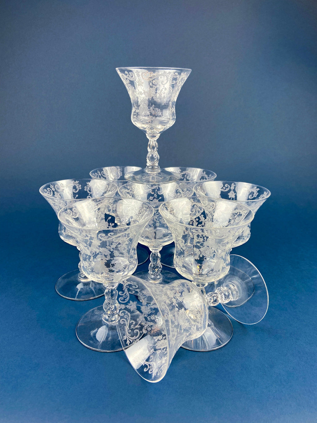 Cambridge Chantilly Etched Champagne Glasses, Set of 9