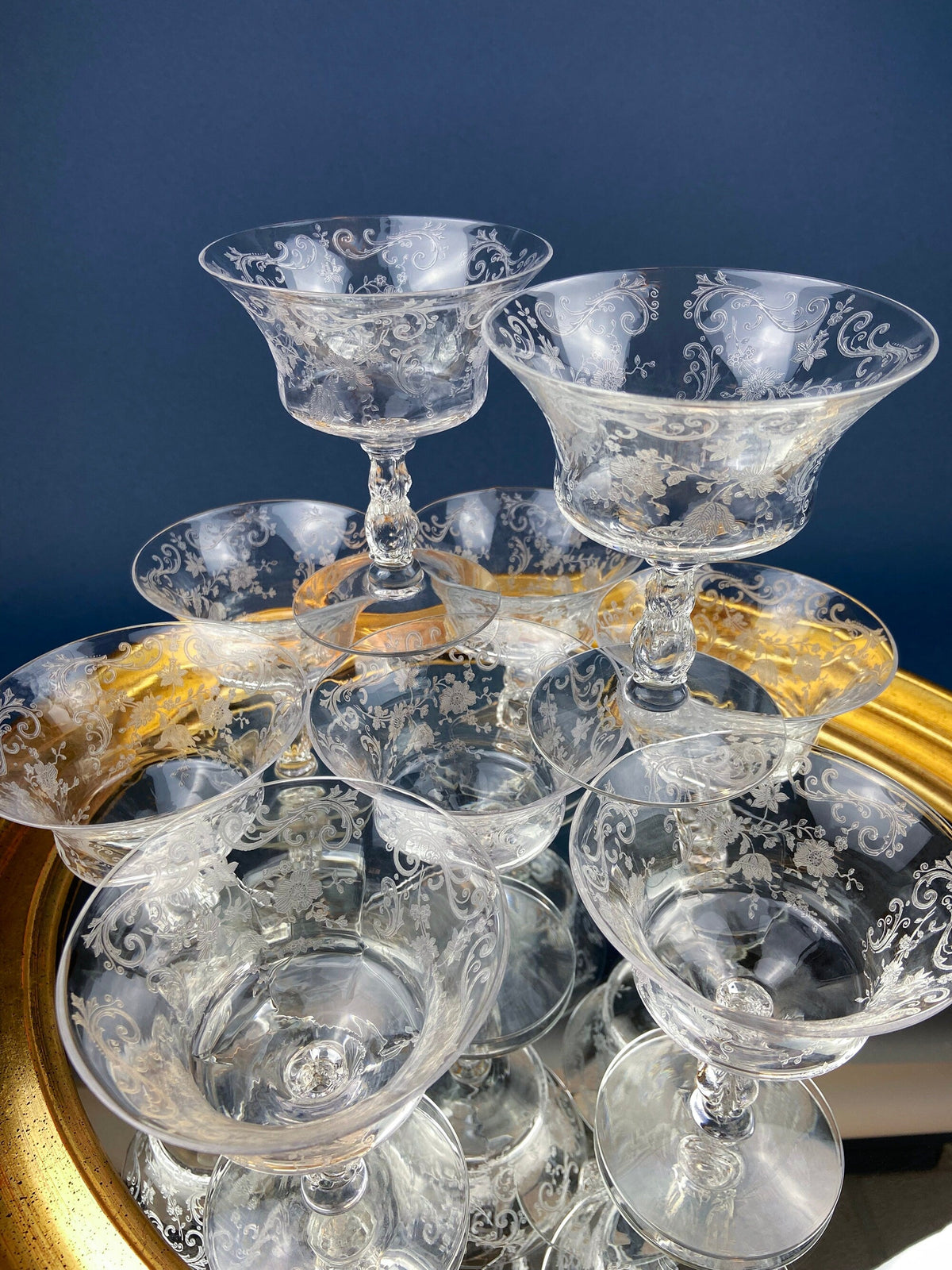Cambridge Chantilly Etched Champagne Glasses, Set of 9