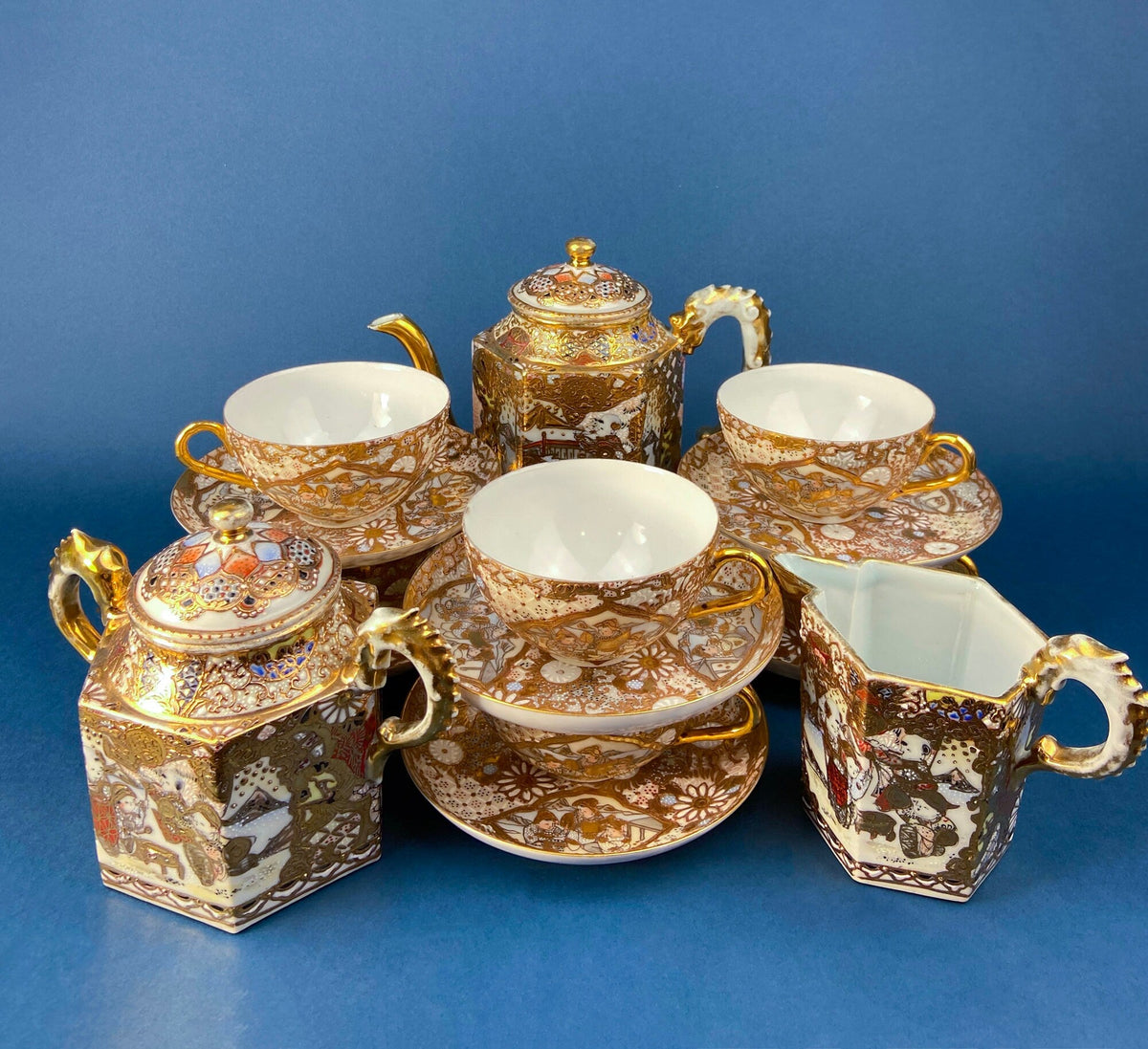 Japanese Moriage Gold Tea Set with Dragon Handles