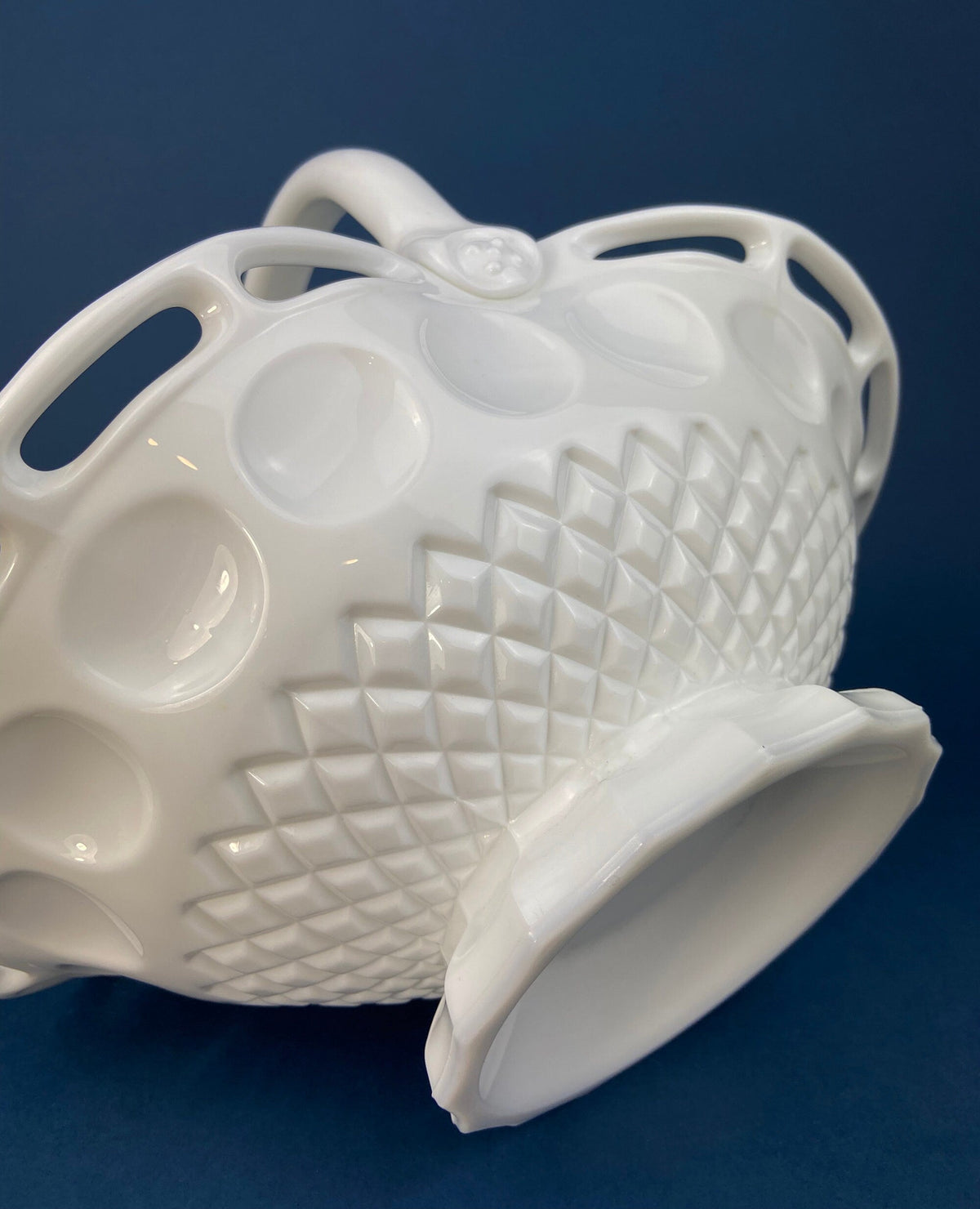 Milk Glass Pinched Basket with Waffle Pattern, Large