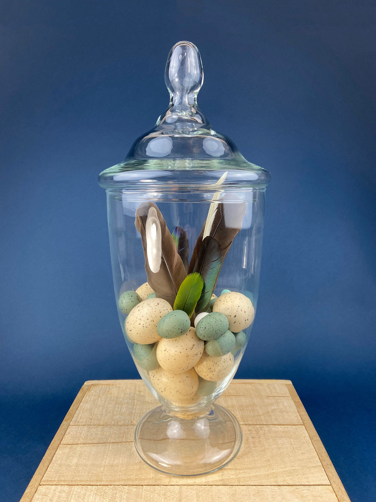 Footed Glass Apothecary Jar with Eggs & Feathers