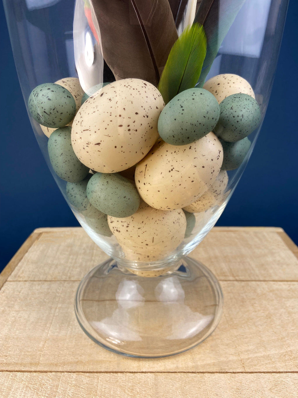 Footed Glass Apothecary Jar with Eggs & Feathers