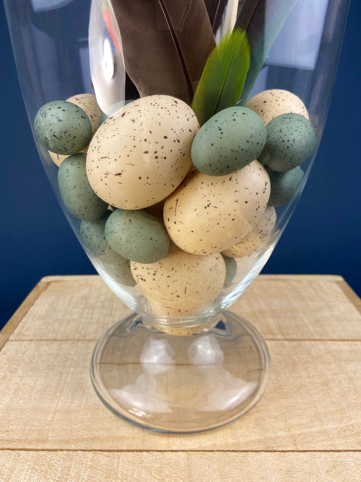 Footed Glass Apothecary Jar with Eggs & Feathers