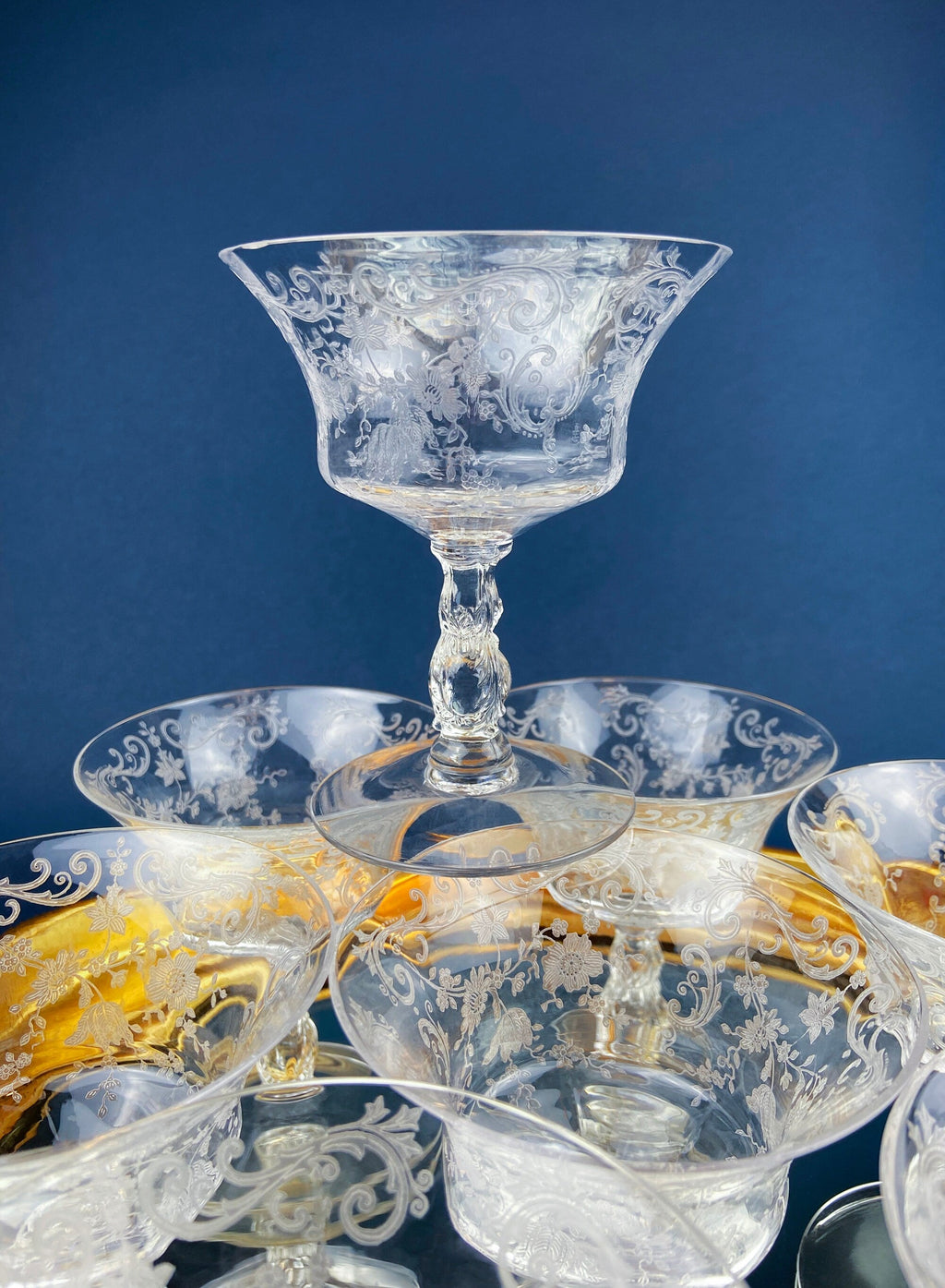 Cambridge Chantilly Etched Champagne Glasses, Set of 9