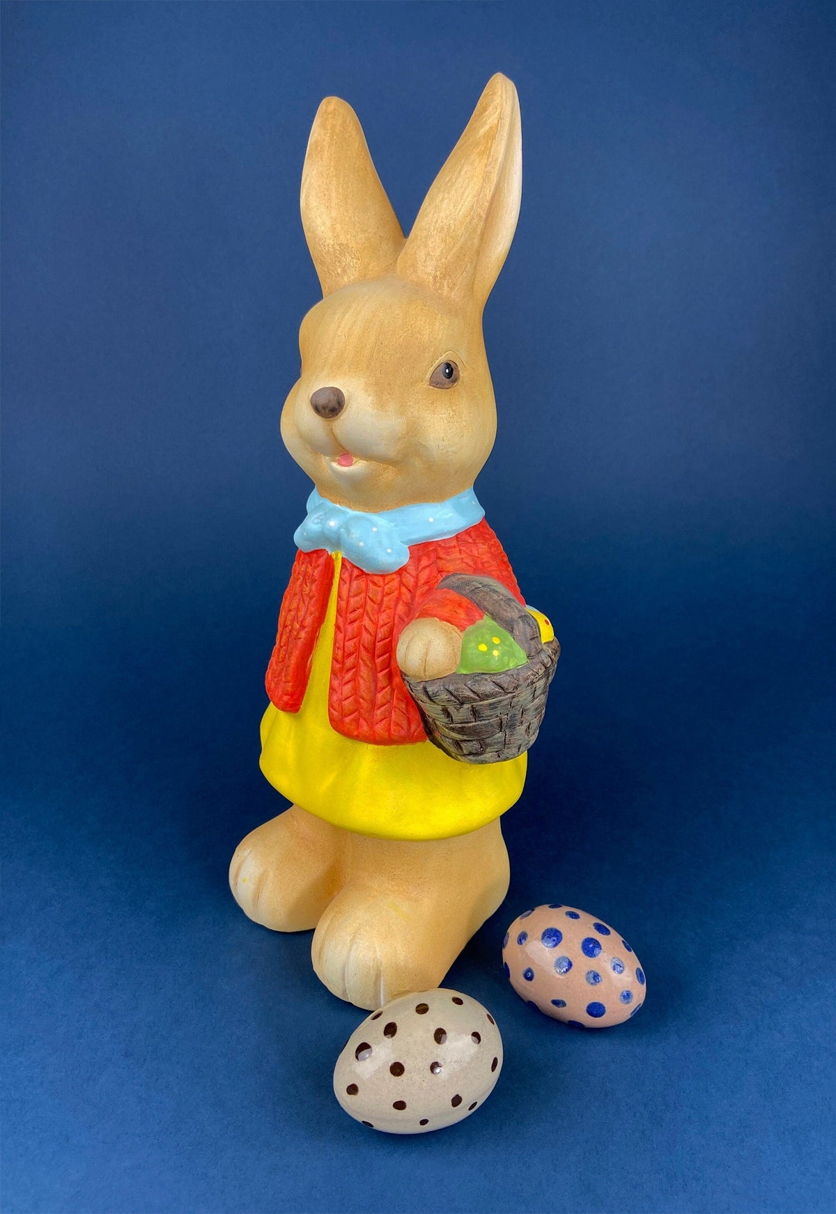 Hand-Painted Pottery Girl Bunny with Egg Basket